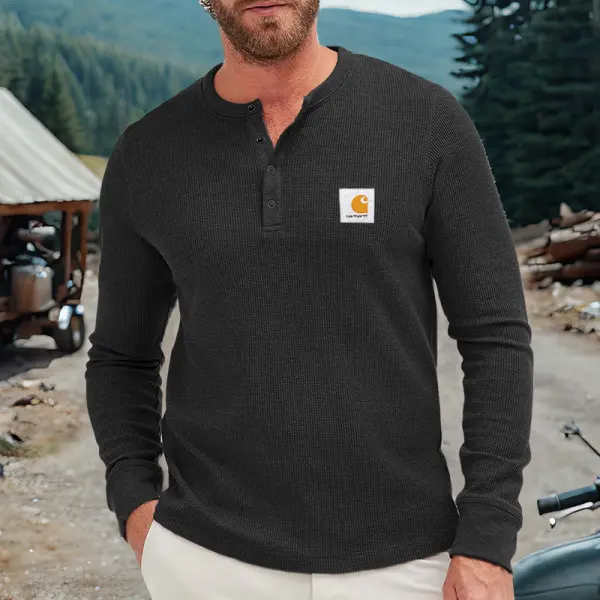 Men's Casual Waffle Henley Long Sleeves T Shirt Black - Wayrates.com 