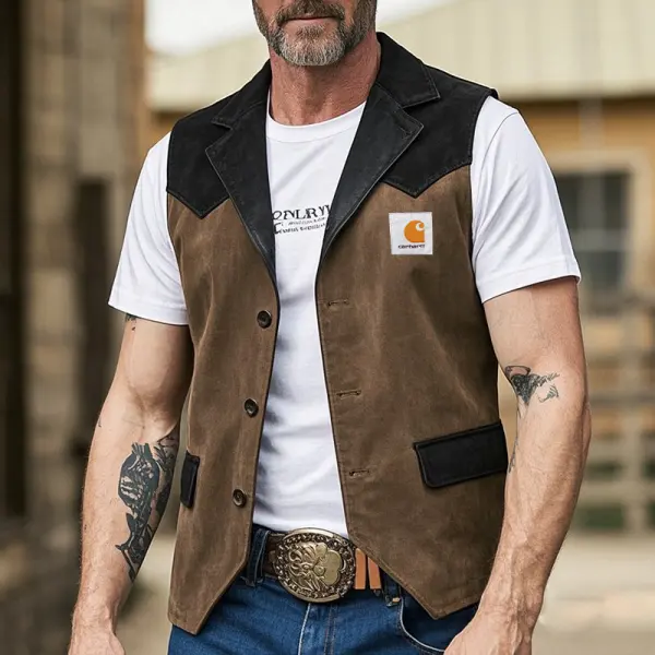 Men's Vintage Rustic Brown Vest With Black Suede Accents - Wayrates.com 