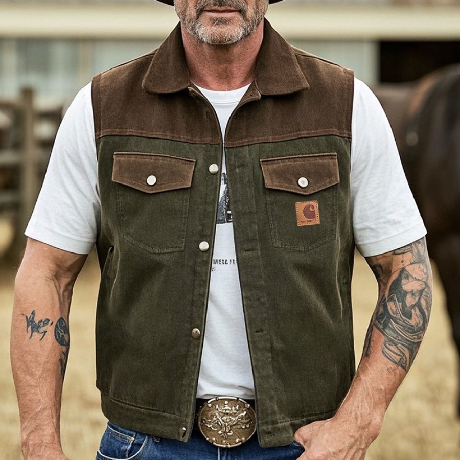 

Men's Vintage Rustic Western Multiple Pockets Cargo Vest With Brown Suede Accents