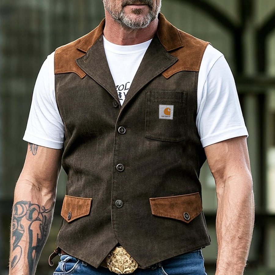 

Men's Vintage Western Color Block Rustic Suede Vest Brown