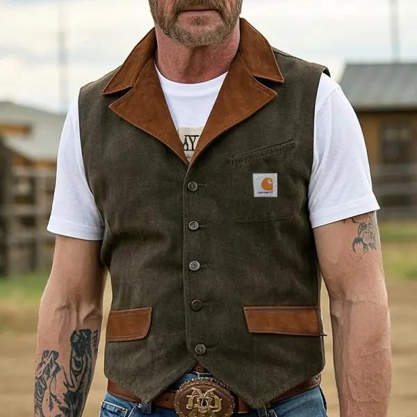 Men's Vintage Western Rustic Suede Pocket Vest With Brown Accents - Wayrates.com 