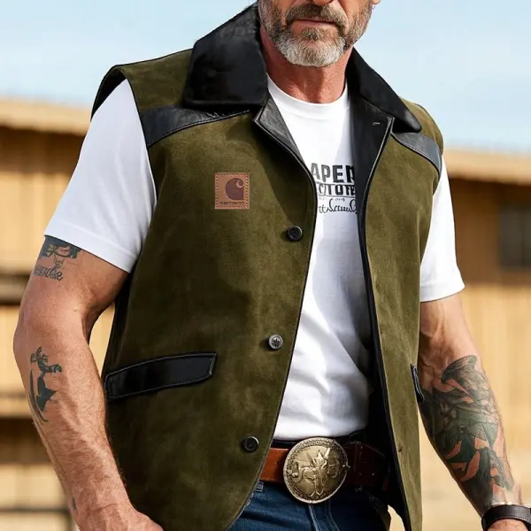 Men's Vintage Suede Leather-Trimmed Vest With Western Style Olive Green - Wayrates.com 