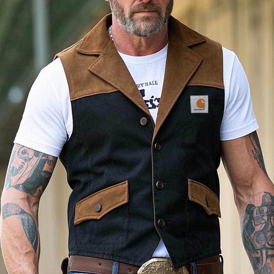 

Men's Vintage Rugged Style Brown And Black Patchwork Vest