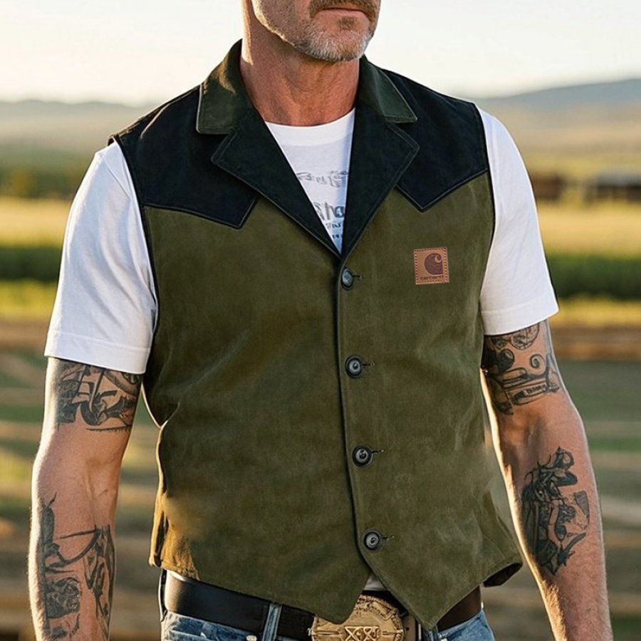 

Men's Vintage Rustic Suede Vest With Black Patchwork Olive Green