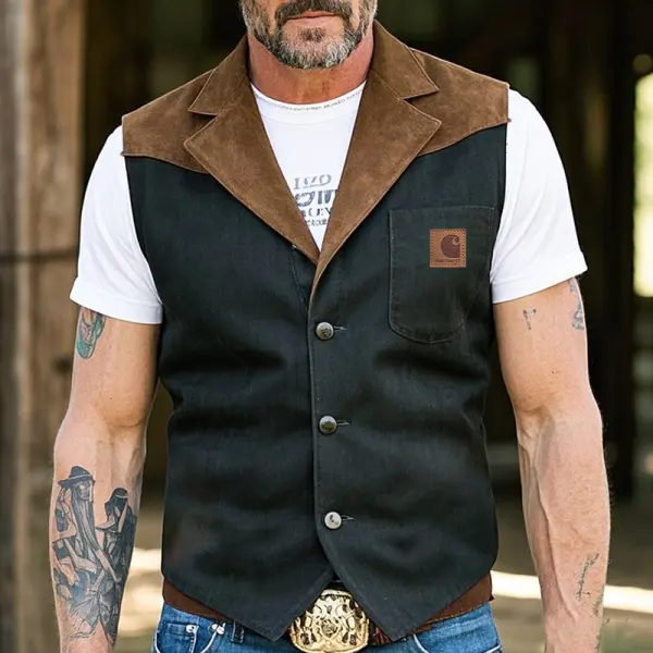 Men's Vintage Classic Western Cargo Vest With Brown Suede Collar - Wayrates.com 