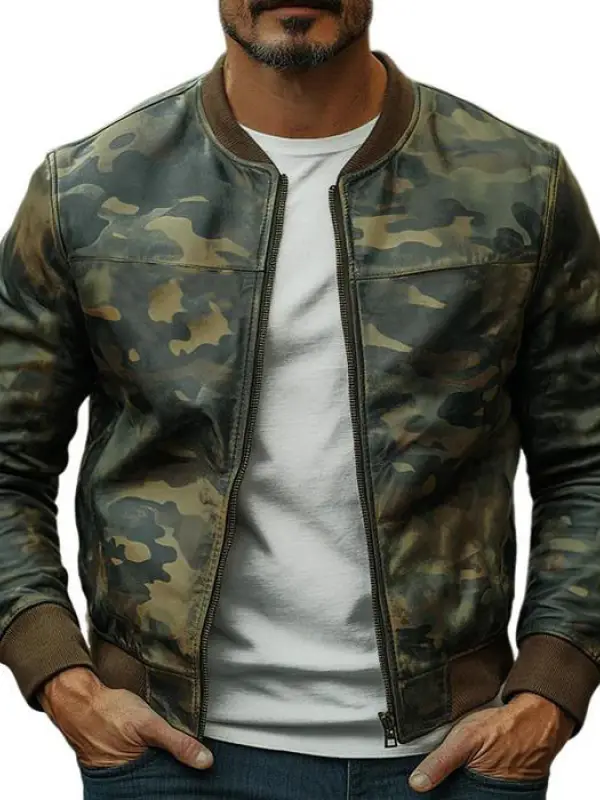Men's Casual Camouflage Baseball Leather Jacket - Pragmaace.com 