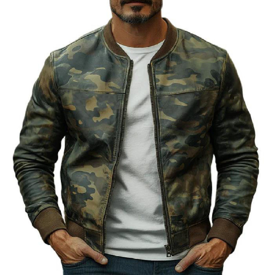 Men's Casual Camouflage Baseball Leather Jacket