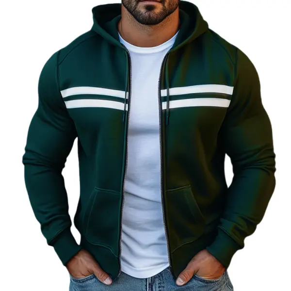Men's Vintage White Stripes Dark Green Zip-Up Hoodie Jacket - Wayrates.com 