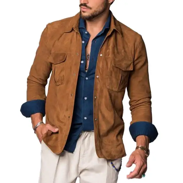 Men's Vintage Brown Suede Multi-Pocket Long Sleeve Lapel Shirt - Wayrates.com 