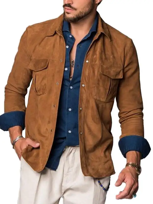 Men's Vintage Brown Suede Multi-Pocket Long Sleeve Lapel Shirt - Menwyx.com 