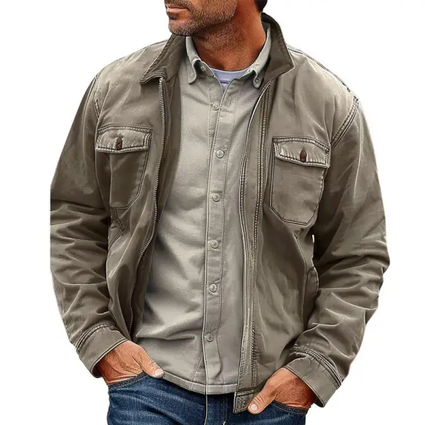 Men's Vintage Gray Pocket Canvas Lapel Zip Jacket - Rabclub.com 