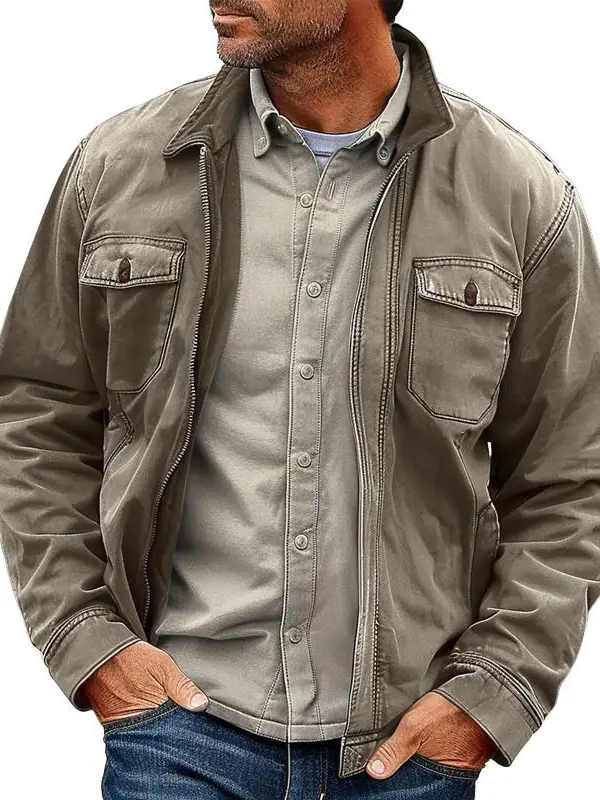 Men's Vintage Gray Pocket Canvas Lapel Zip Jacket - Menwyx.com 