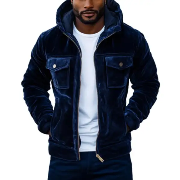 Men's Vintage Velvet Multi-Pocket Zipper Slim Fit Hooded Jacket - Wayrates.com 