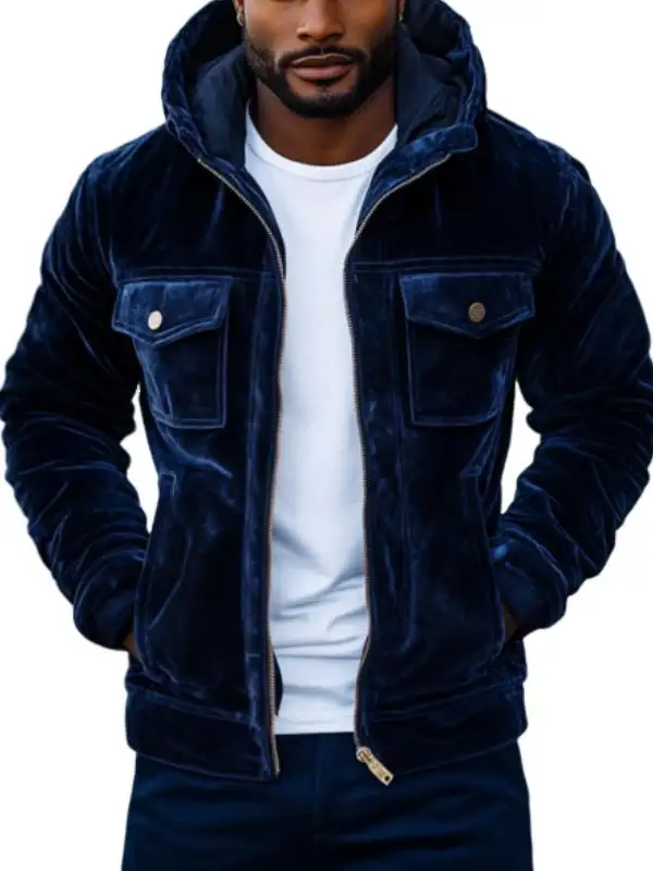 Men's Vintage Velvet Multi-Pocket Zipper Slim Fit Hooded Jacket - Pragmaace.com 