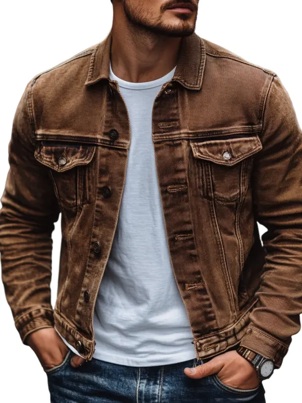 Men's Vintage Casual Solid Color Brown Pocket Washed Distressed Lapel Jacket - Pragmaace.com 