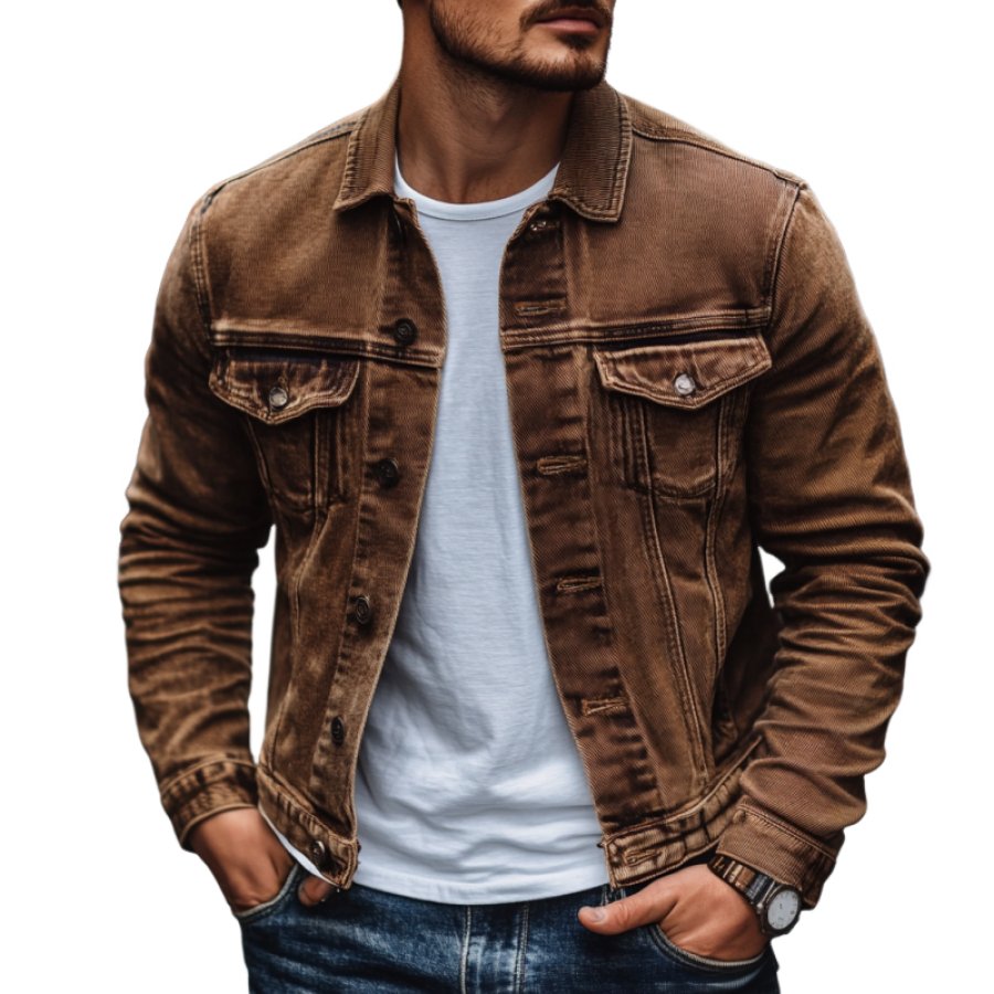 

Men's Vintage Casual Solid Color Brown Pocket Washed Distressed Lapel Jacket