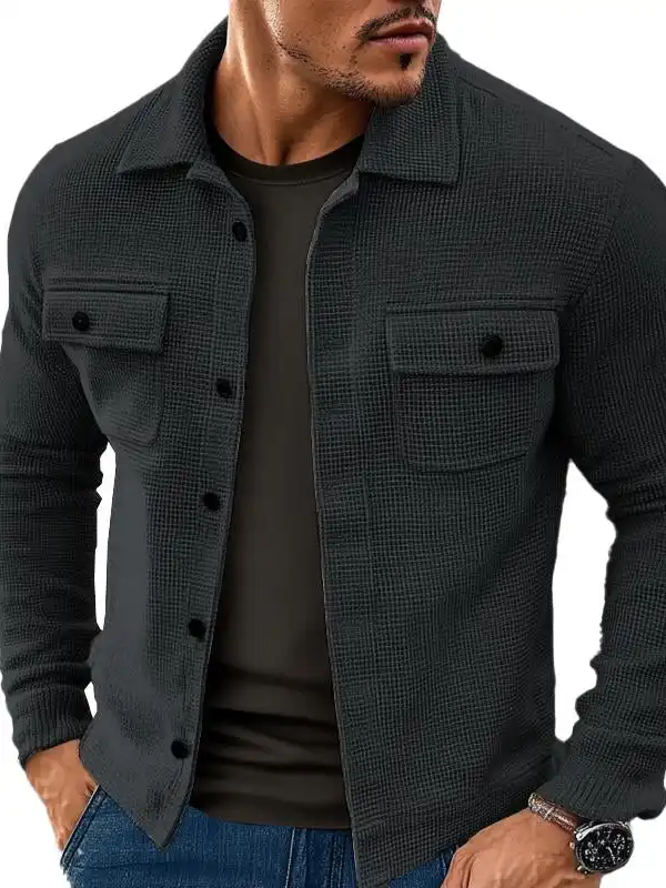 Men's Vintage Waffle Knit Pocket Black Solid Lapel Jacket - Wantbright.com 