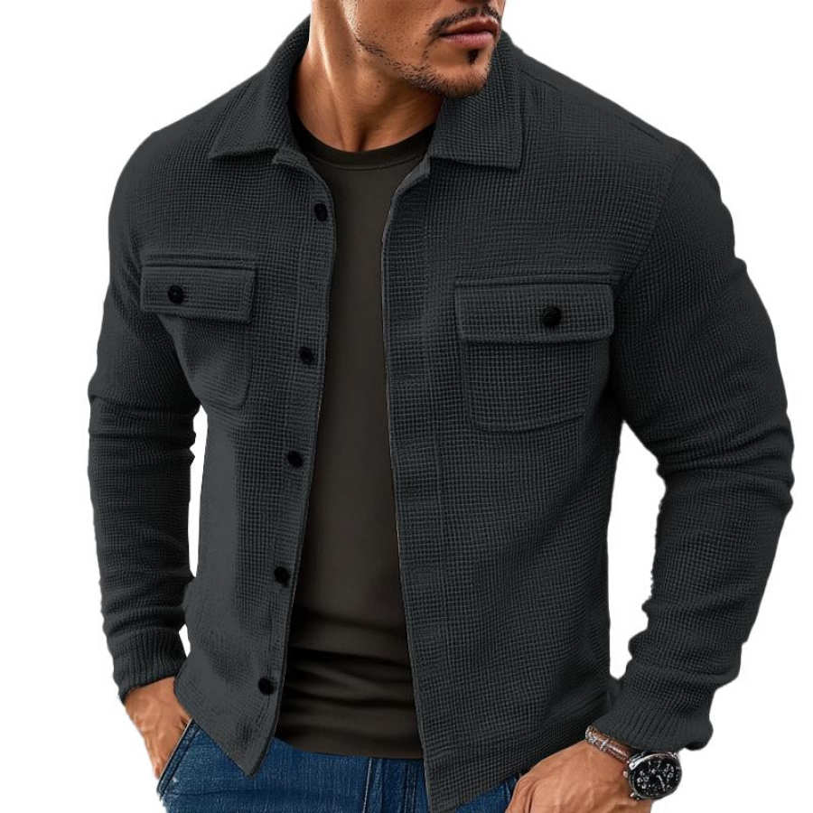 Men's Vintage Waffle Knit Pocket Black Solid Lapel Jacket