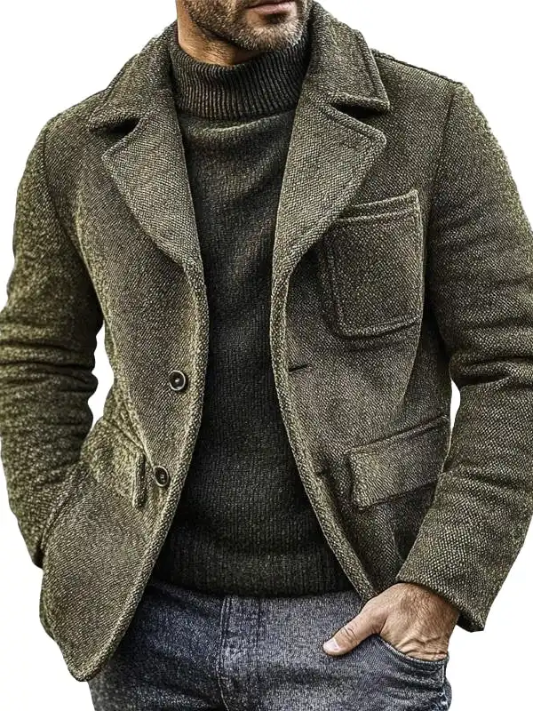 Men's Vintage Military Green Woolen Canvas Single Breasted Jacket - Menwyx.com 