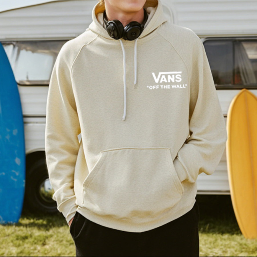 

Men's Light Yellow Loose Casual Surfing Print Hooded Sweatshirt