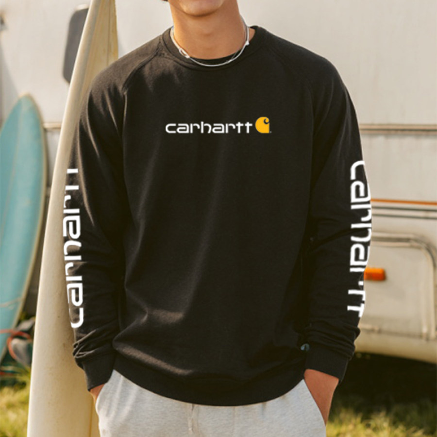 

Men's Black Loose Casual Surf Print Long-sleeved T-shirt