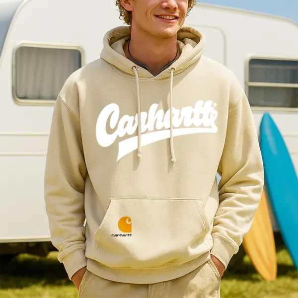 Men's Light Yellow Loose Casual Surfing Print Hooded Sweatshirt - Wayrates.com 