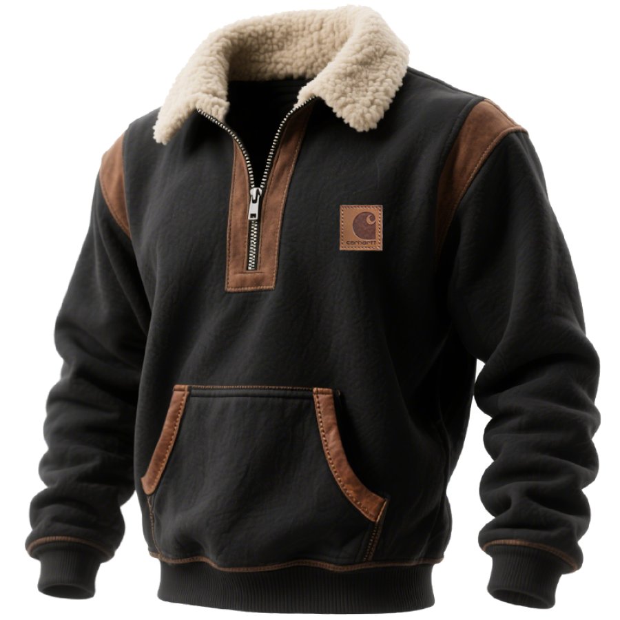 

Men's Vintage Suede Patchwork Quarter-zip Neckline Sweatshirt With Faux Fur Collar