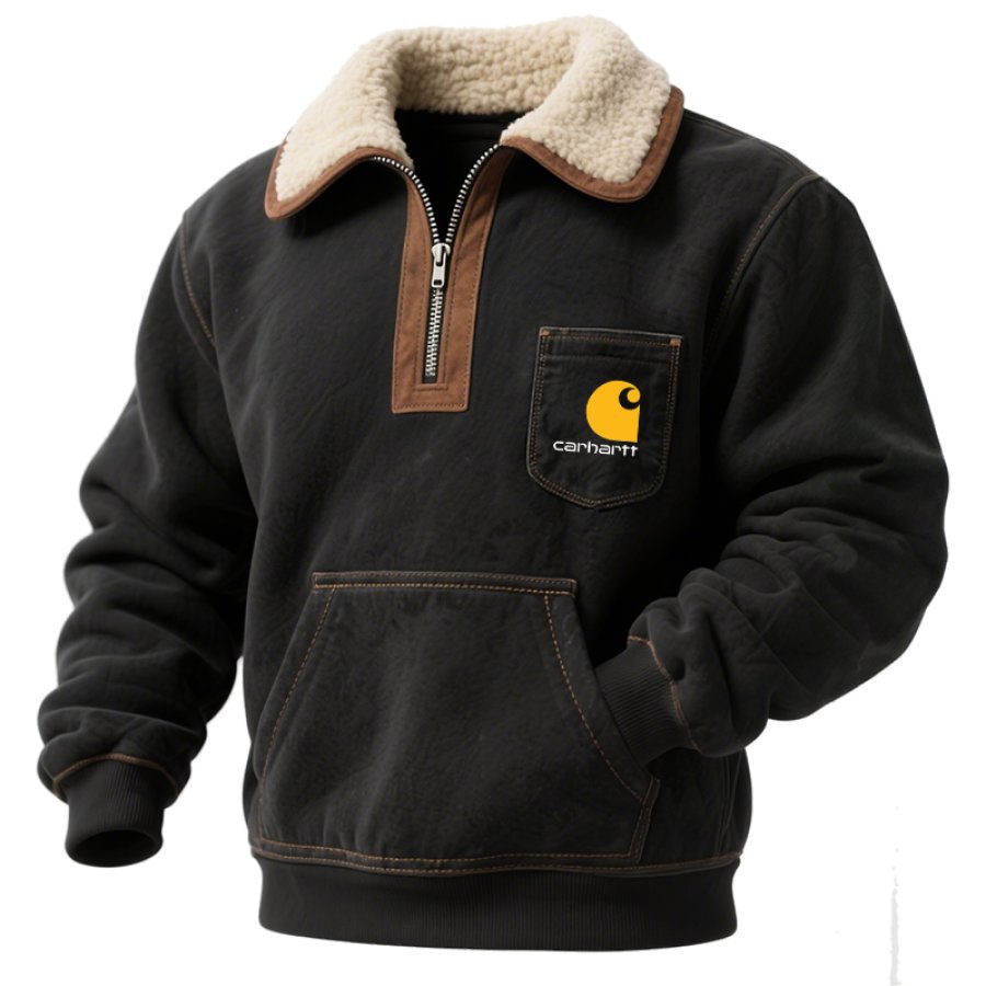 

Men's Vintage Quarter-zip Patchwork Collar Pocket Sweatshirt With Sherpa Lining