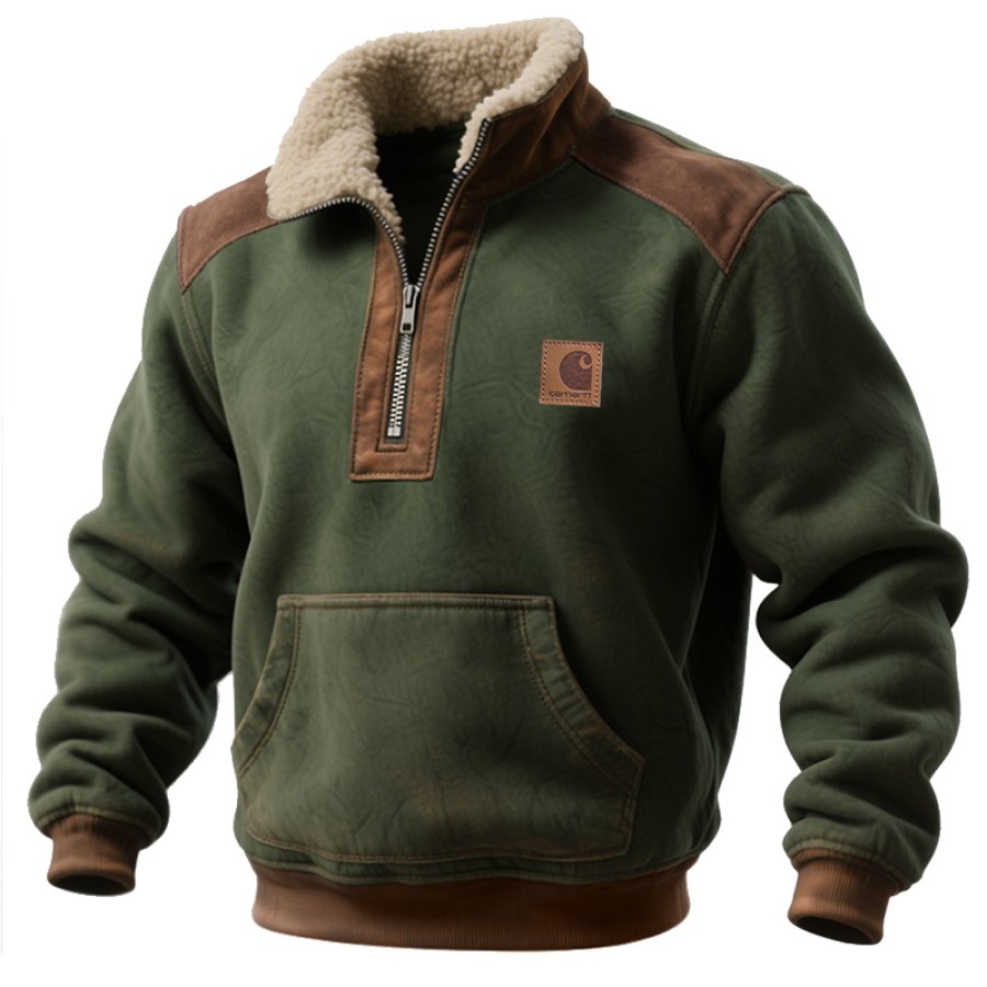 Men's Vintage Fleece-Lined Sweatshirt With Sherpa Collar Patchwork Trim