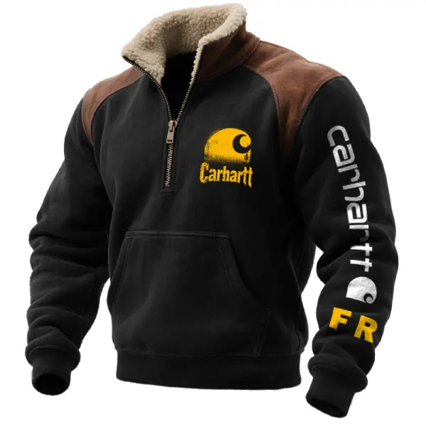 Men's Vintage Western Graphic Print Quarter-zip Fleece Collar Sweatshirt - Wayrates.com 