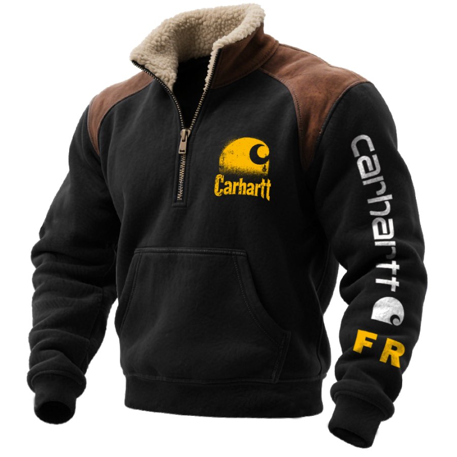 Men's Vintage Western Graphic Print Quarter-zip Fleece Collar Sweatshirt