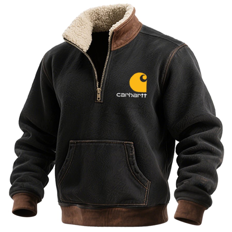 Men's Vintage Country Patchwork Western Color Block Quarter-zip Fleece Collar Sweatshirt