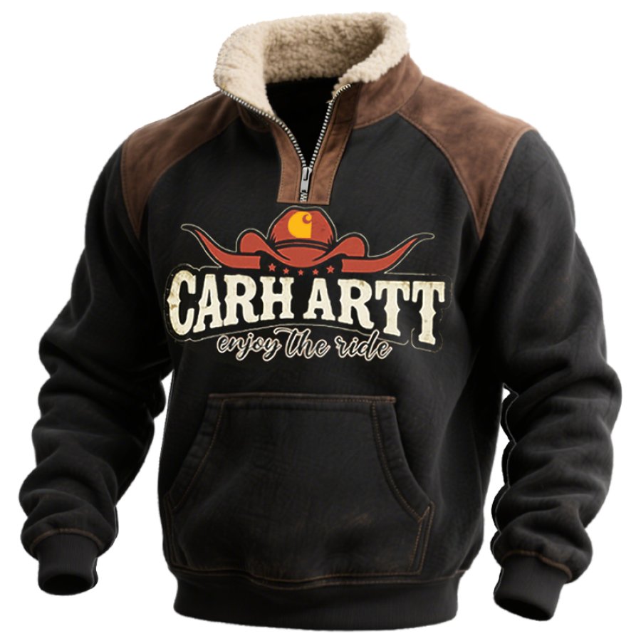 Men's Vintage Country Western Quarter Zippered Collar Sweatshirt With Suede Patchwork