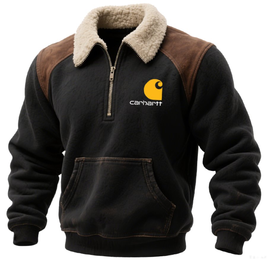 Men's Vintage Western Cowboys Color Block Quarter-zip Fleece Collar Sweatshirt