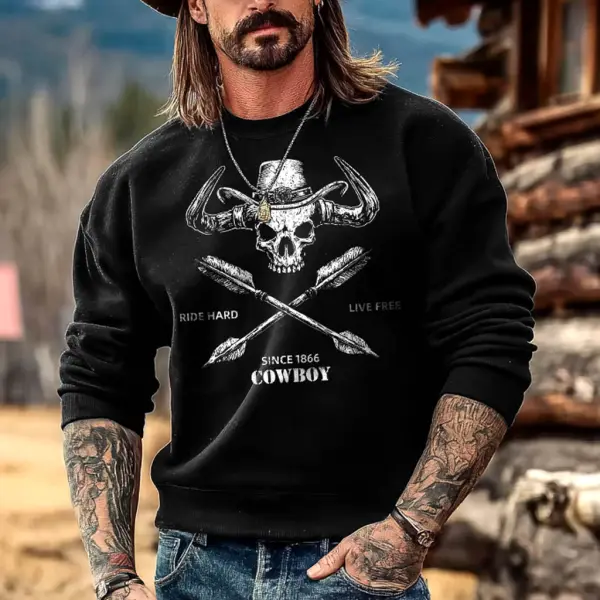 Men's Vintage Western Cowboy Skull Print Crewneck Long Sleeve Sweatshirt - Wayrates.com 