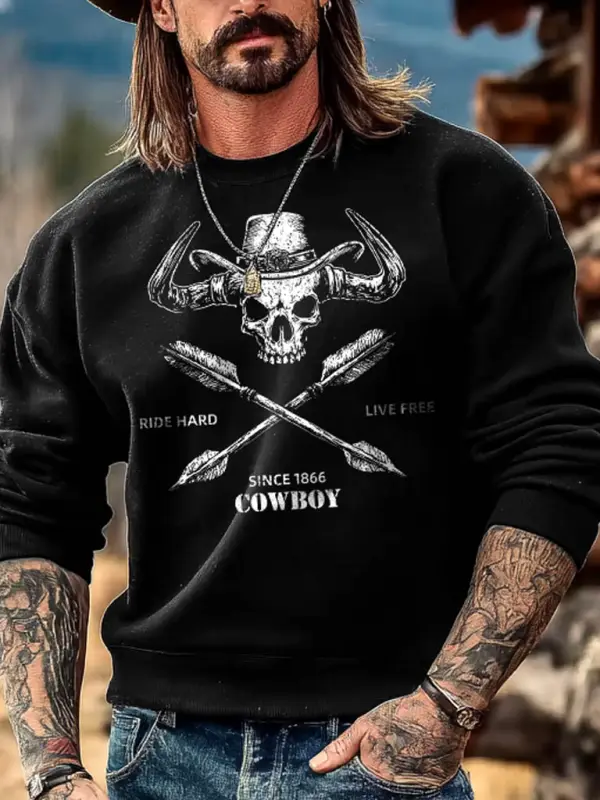 Men's Vintage Western Cowboy Skull Print Crewneck Long Sleeve Sweatshirt - Wantbright.com 