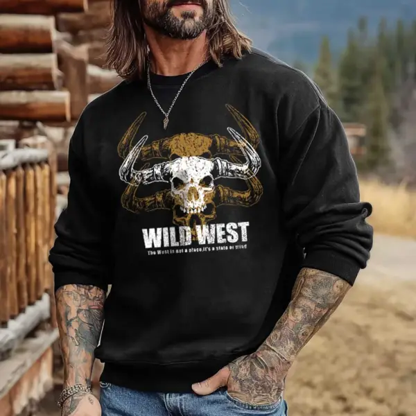 Men's Vintage Western Cowboy Skull Print Crewneck Long Sleeve Sweatshirt - Wayrates.com 