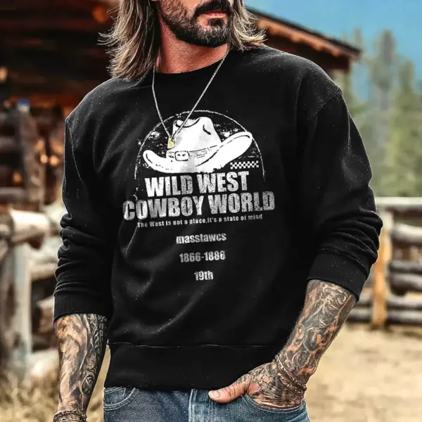 Men's Vintage Western Cowboy Hat Print Crewneck Long Sleeve Sweatshirt - Wayrates.com 