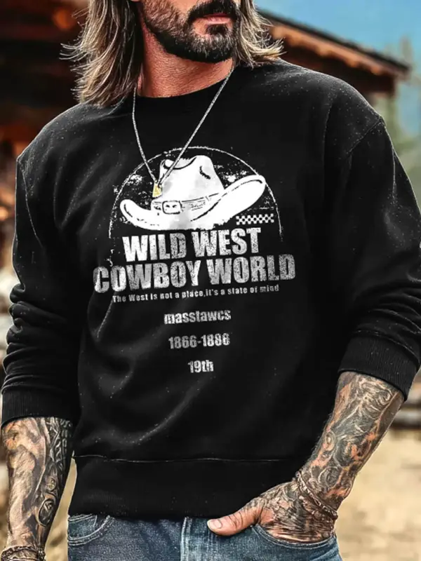Men's Vintage Western Cowboy Hat Print Crewneck Long Sleeve Sweatshirt - Wantbright.com 