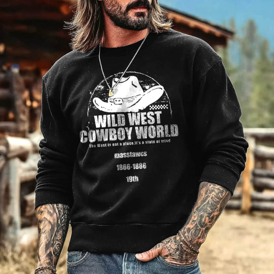 Men's Vintage Western Cowboy Hat Print Crewneck Long Sleeve Sweatshirt