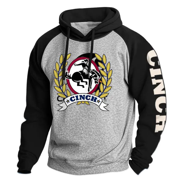 Men's Vintage Western Cowboy Riding Rodeo Print Pocket Raglan Sleeve Hoodie - Wayrates.com 