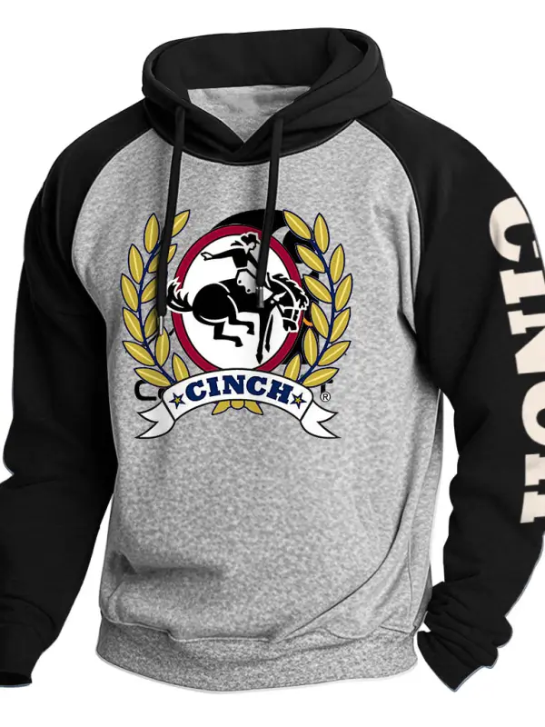 Men's Vintage Western Cowboy Riding Rodeo Print Pocket Raglan Sleeve Hoodie - Pragmaace.com 