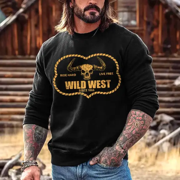 Men's Vintage Western Cowboy Skull Print Crewneck Long Sleeve Sweatshirt - Wayrates.com 
