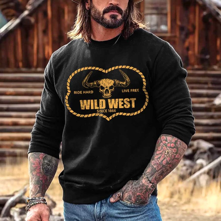 

Men's Vintage Western Cowboy Skull Print Crewneck Long Sleeve Sweatshirt