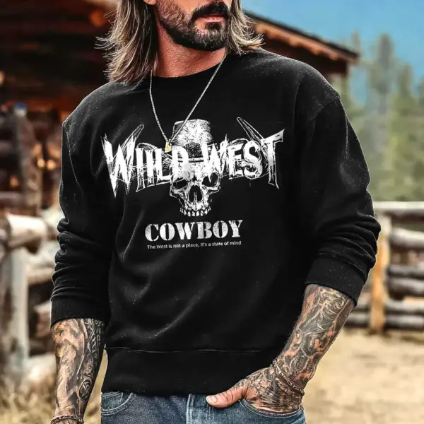 Men's Vintage Western Cowboy Skull World Print Crewneck Long Sleeve Sweatshirt - Upgradecool.com 