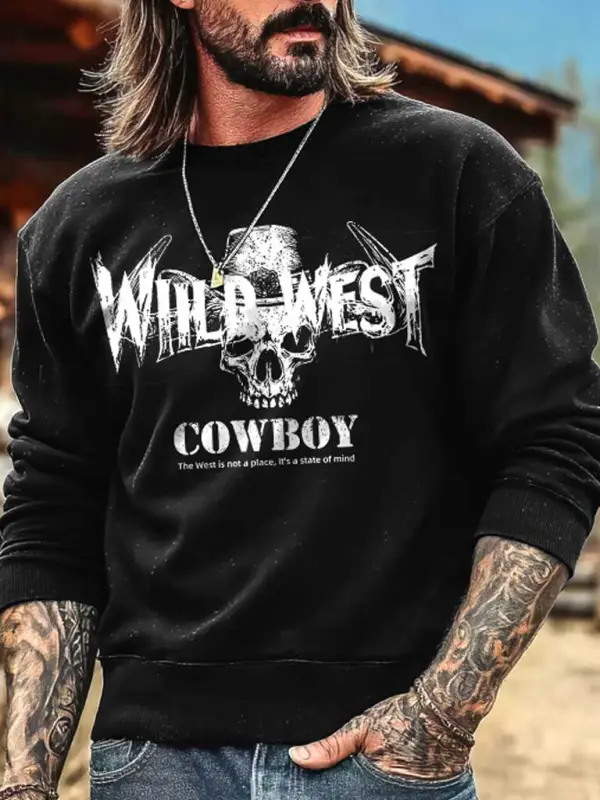 Men's Vintage Western Cowboy Skull World Print Crewneck Long Sleeve Sweatshirt - Wantbright.com 