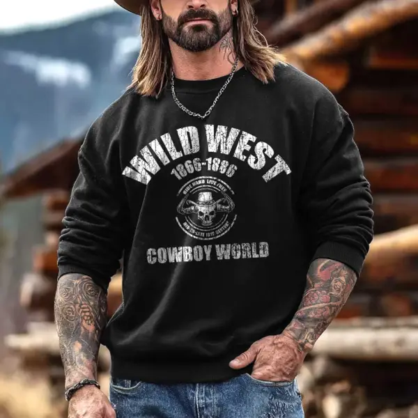 Men's Vintage Western Cowboy Skull World Print Crewneck Long Sleeve Sweatshirt - Upgradecool.com 