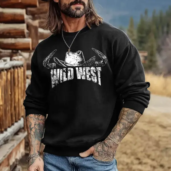 Men's Vintage Western Cowboy Wild Hat Print Crewneck Long Sleeve Sweatshirt - Wayrates.com 
