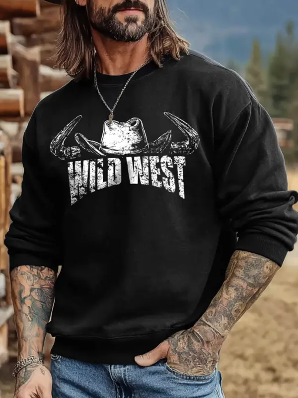 Men's Vintage Western Cowboy Wild Hat Print Crewneck Long Sleeve Sweatshirt - Wantbright.com 