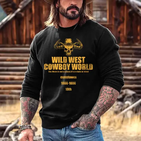 Men's Vintage Western Cowboy Skull World West Print Crewneck Long Sleeve Sweatshirt - Upgradecool.com 